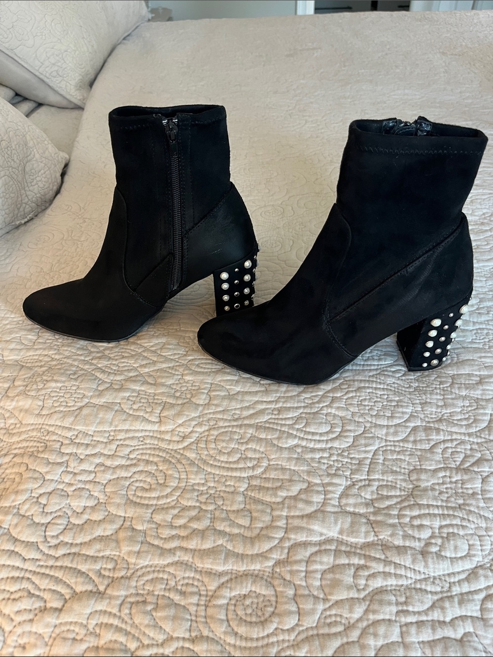 STEVE MADDEN Black Pearl-Studded Block Heel Ankle Boots - Women